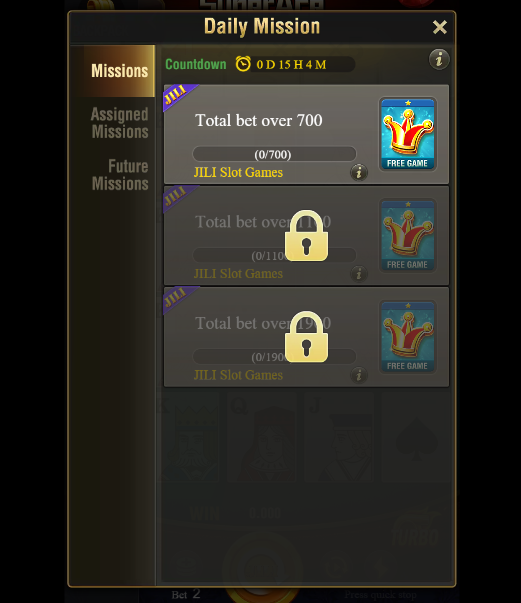 Screenshot of the KuyaPlay login daily mission section, showing JILI Slot Games tasks and locked rewards based on total bet amounts.