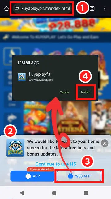 A screenshot showing the KuyaPlay login and installation process, highlighting the website URL, app installation prompt, and options to add KuyaPlay to the home screen. The image provides a clear guide for users on how to access the KuyaPlay app efficiently.