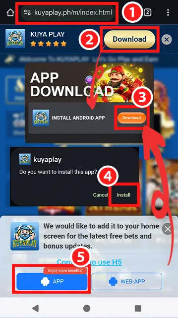 A screenshot illustrating the KuyaPlay login and app download process, featuring the website URL, download button, and installation prompts. The image provides a step-by-step guide on how to install the KuyaPlay Android app for seamless access.
