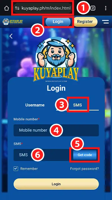 A screenshot displaying the KuyaPlay login page, highlighting the SMS-based authentication process. The image includes fields for entering a mobile number, requesting an SMS code, and logging into the KuyaPlay account securely.