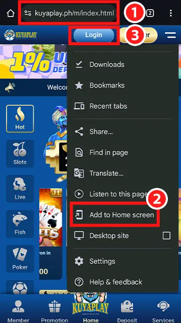 A screenshot demonstrating how to add KuyaPlay to the home screen for easier login access. The image highlights the KuyaPlay website URL, the menu option for adding to the home screen, and the login button for seamless navigation.