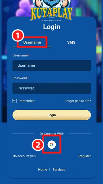A screenshot of the KuyaPlay login page, showcasing the username and password login option, along with an alternative Google account sign-in button. The image provides a clear guide for users to access their KuyaPlay accounts quickly and securely.