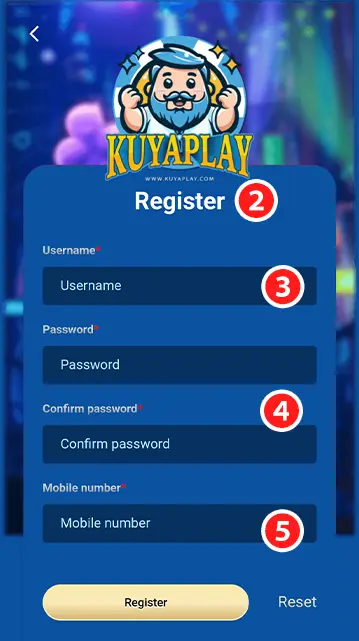 A screenshot of the KuyaPlay registration page, highlighting required fields for username, password, and mobile number. The image provides a clear guide for new users to create a KuyaPlay account and securely log in.