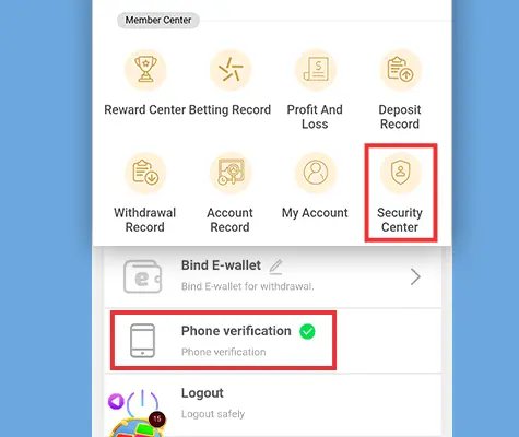 A screenshot of the KuyaPlay Member Center, highlighting the Security Center and phone verification option. The image shows the successful phone verification status, ensuring a secure login experience for KuyaPlay users.