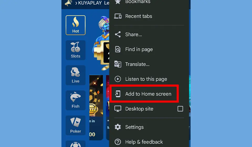 A screenshot displaying the process of adding a Kuyaplay download shortcut to the home screen using a mobile browser menu for quick access.