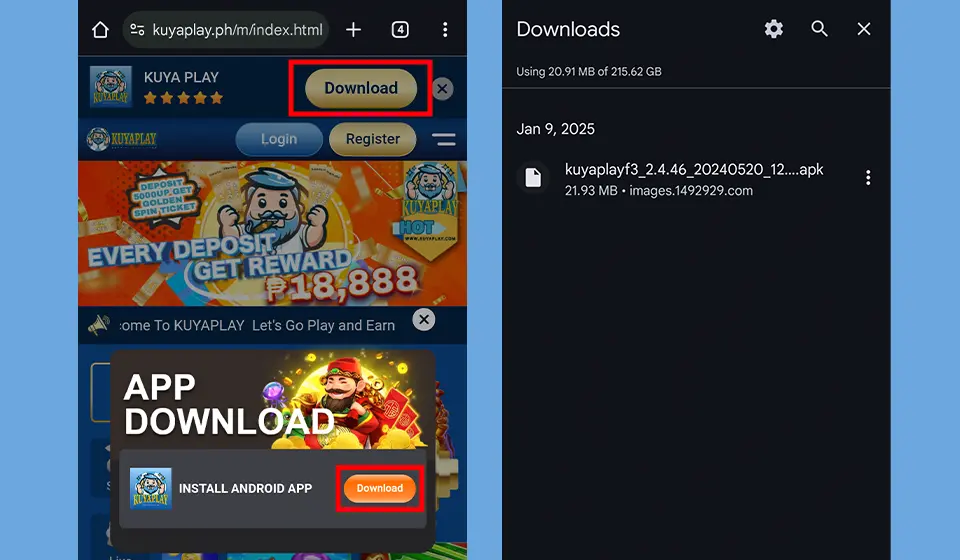 A screenshot showing the Kuyaplay download process, including the website's download button, app installation prompt, and APK file saved on a mobile device.