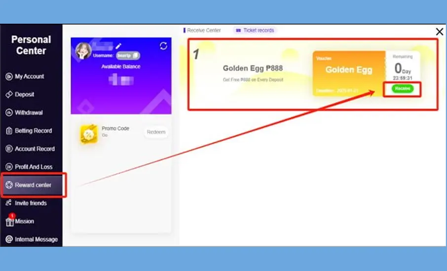 A screenshot of the KuyaPlay personal center interface, highlighting the reward center where users can claim the Golden Egg P888 bonus, showcasing the KuyaPlay free bonus redemption process.
