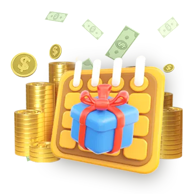 A 3D calendar icon with a blue gift box, surrounded by gold coins and floating cash, symbolizing daily rewards and KuyaPlay free bonus opportunities for completing missions.