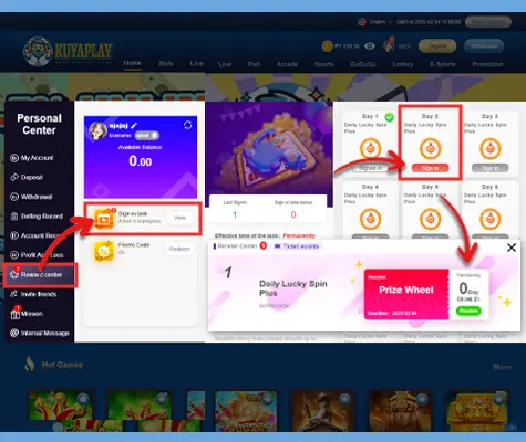 A screenshot of the KuyaPlay platform showing the personal center, daily sign-in rewards, and a prize wheel bonus, highlighting how users can claim their KuyaPlay free bonus through daily activities.