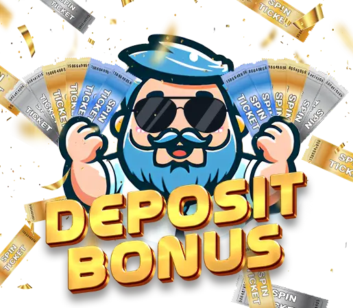 A cheerful, bearded character wearing sunglasses holds spin tickets with "Deposit Bonus" in bold golden letters, surrounded by flying spin tickets and golden confetti. Kuyaplay offers exciting deposit bonuses, giving players extra rewards and more chances to win.