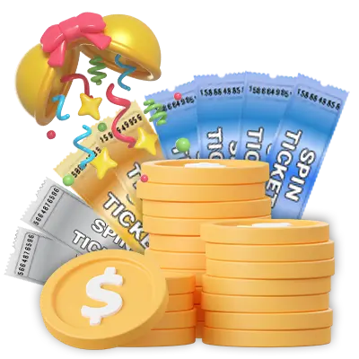 A 3D illustration featuring gold coins, spin tickets, and a fortune cookie with confetti, symbolizing exciting rewards and bonuses available with Kuyaplay download.