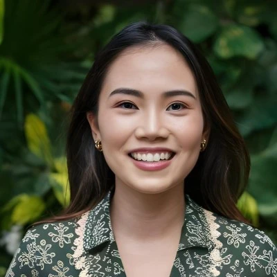 A young woman with long dark hair, wearing a green patterned blouse and gold earrings, smiling brightly against a lush green background. As an enthusiastic Kuyaplay player, she enjoys the excitement of gaming, big rewards, and thrilling entertainment.
