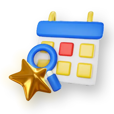 A 3D calendar icon with a magnifying glass and a golden star, symbolizing upcoming tasks and special rewards, representing future missions to earn KuyaPlay free bonus incentives.