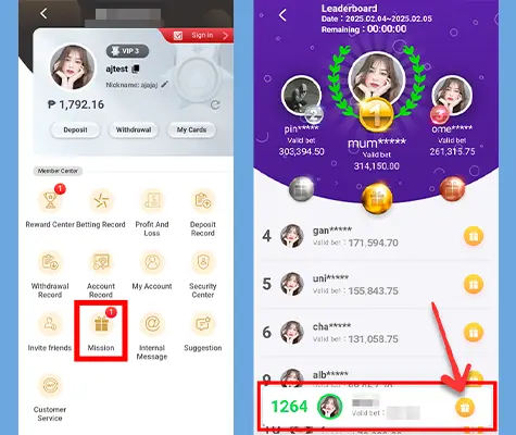A screenshot showcasing the Kuyaplay download user interface, featuring the account dashboard, mission section, and leaderboard ranking system with earnings and valid bets.