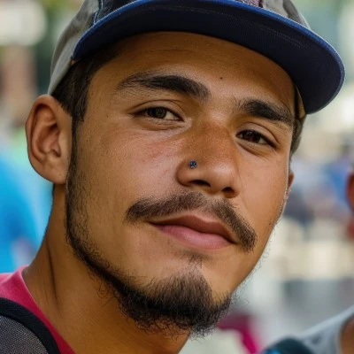 A young man with a well-groomed beard, tan complexion, and a confident expression, wearing a baseball cap and a nose piercing, smiling slightly while looking at the camera. As a dedicated Kuyaplay player, he enjoys the excitement of online gaming and the opportunity to win big rewards.