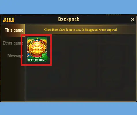 A screenshot of the JILI game backpack interface highlighting a feature game reward, showing how players can collect and use their KuyaPlay free bonus for extra gameplay benefits.