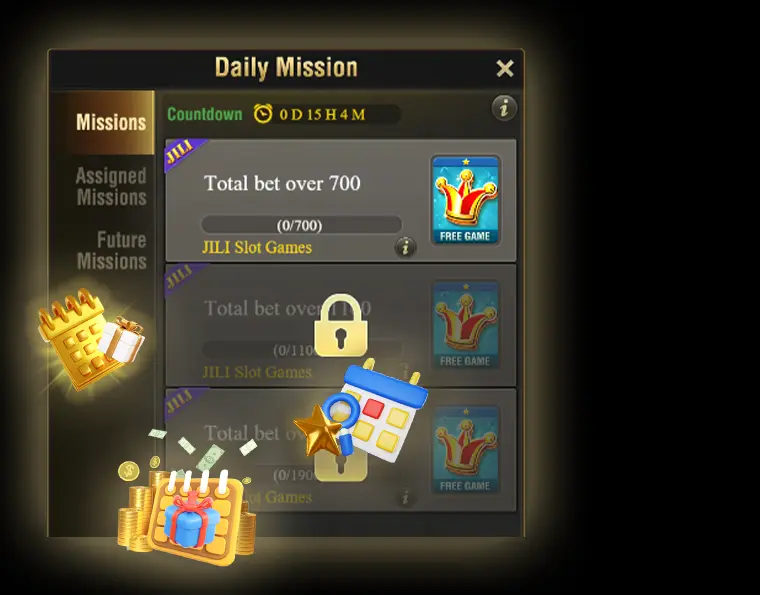 A gaming interface displaying daily missions, betting goals, and free game rewards, with golden icons and countdown timers, highlighting the engaging challenges and bonuses in KuyaPlay slot.