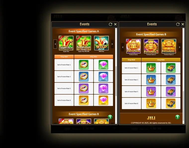 A casino gaming interface displaying event-specified slot games with betting requirements, drop levels, and special rewards, highlighting the exciting promotions and bonuses in KuyaPlay slot.