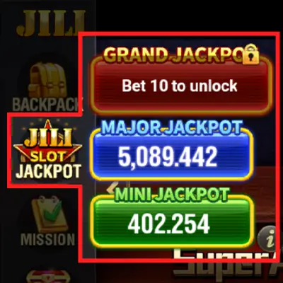 A casino gaming interface displaying the KuyaPlay slot jackpot system, featuring grand, major, and mini jackpots with large prize amounts and a bet requirement to unlock bigger rewards.