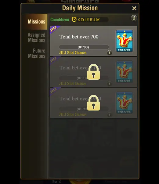 Screenshot of the KuyaPlay login daily mission section, showing JILI Slot Games tasks and locked rewards based on total bet amounts.
