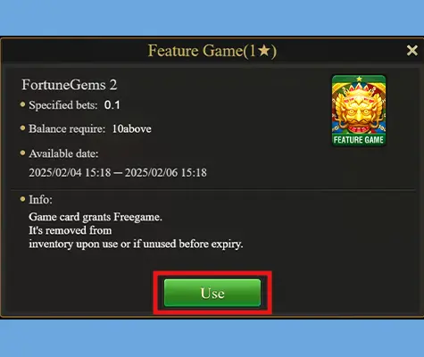 A screenshot of the JILI game feature showing the FortuneGems 2 reward card with an option to use it, demonstrating how players can claim and activate their KuyaPlay free bonus for free gameplay benefits.