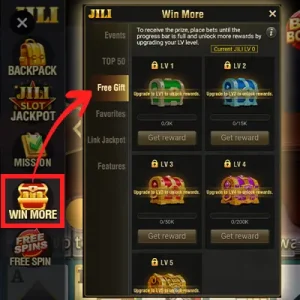 A casino gaming interface displaying the "Win More" feature with treasure chest rewards, level-based unlocks, and free gifts, showcasing the exciting bonuses and incentives in KuyaPlay slot.