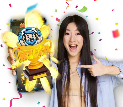 A happy woman excitedly points at a glowing trophy with the "Kuya" logo, symbolizing victory and rewards, with a smartphone screen in the background displaying the Kuyaplay app. Kuyaplay offers thrilling competitions and exciting prizes for players.