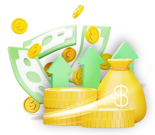 A 3D illustration of money, gold coins, and a money bag with green upward arrows, symbolizing financial growth and increasing KuyaPlay free bonus rewards.