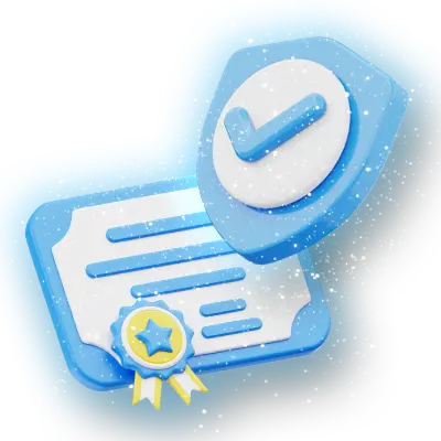 A 3D-rendered blue certificate with a gold ribbon and a security shield featuring a checkmark, symbolizing trust and certification. Kuyaplay is a licensed and secure gaming platform, ensuring a safe and fair experience for all players.