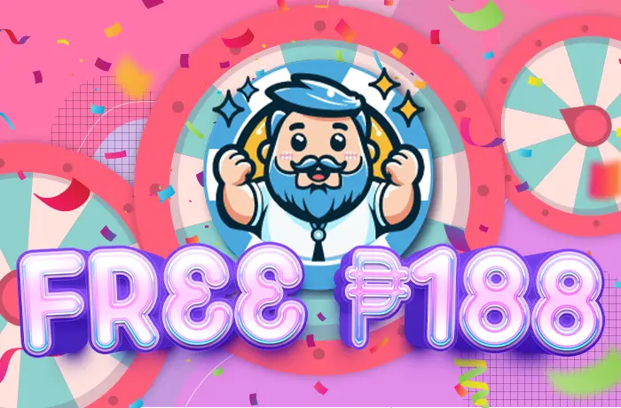A colorful promotional graphic featuring a cheerful blue-bearded character, spinning wheels, confetti, and a glowing text offering a free ₱188 bonus, highlighting the exciting rewards in KuyaPlay slot.