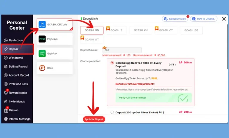 A screenshot of the KuyaPlay deposit interface showing payment options like GCash, Maya, and GrabPay, with a highlighted promotion offering a Golden Egg free P888 bonus for deposits, emphasizing how to claim the KuyaPlay free bonus.