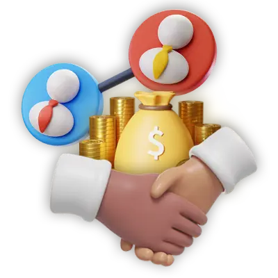 A 3D illustration featuring a handshake, gold coins, a money bag, and referral network icons, symbolizing partnership and earning opportunities with Kuyaplay download.