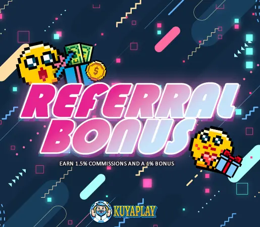 A dynamic promotional image highlighting the referral bonus for Kuyaplay download, offering 1.5% commissions and a 1% bonus with colorful digital-themed elements and emojis