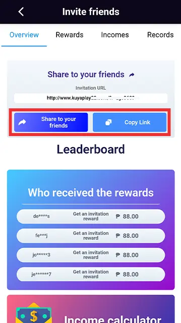 A screenshot of the KuyaPlay invite friends section, showing a referral link sharing option and a leaderboard displaying invitation rewards, highlighting how users can earn a KuyaPlay free bonus by inviting others.