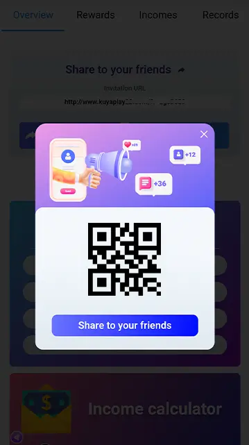 A screenshot of the KuyaPlay referral program featuring a QR code for easy sharing and a "Share to your friends" button, highlighting how users can invite others and earn a KuyaPlay free bonus.