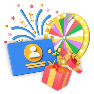 A colorful 3D illustration featuring a spinning wheel, membership card, gift boxes, and coins, symbolizing rewards and bonuses available with Kuyaplay download.
