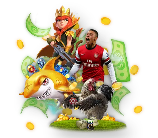 A dynamic collage featuring a warrior character, a fierce golden shark, a football player, and a rooster, surrounded by flying cash and gold coins, representing the diverse gaming options available on Kuyaplay. Kuyaplay offers a wide range of exciting games, from sports betting to adventure and casino games.