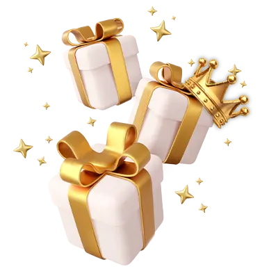 A collection of elegantly wrapped white gift boxes with golden ribbons, surrounded by sparkling stars and a royal crown, symbolizing premium rewards. Kuyaplay offers exclusive VIP benefits, special bonuses, and elite rewards for loyal players.