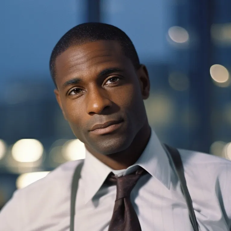 A professionally dressed man in a shirt and tie with suspenders, standing against a blurred background of city lights, representing the human element behind the operations of a legit online casino.