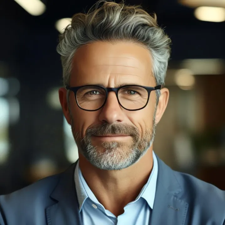 A confident middle-aged man with gray hair and glasses, wearing a blue suit and smiling slightly in a modern office setting, symbolizing the professionalism and trustworthiness behind a legit online casino operation.