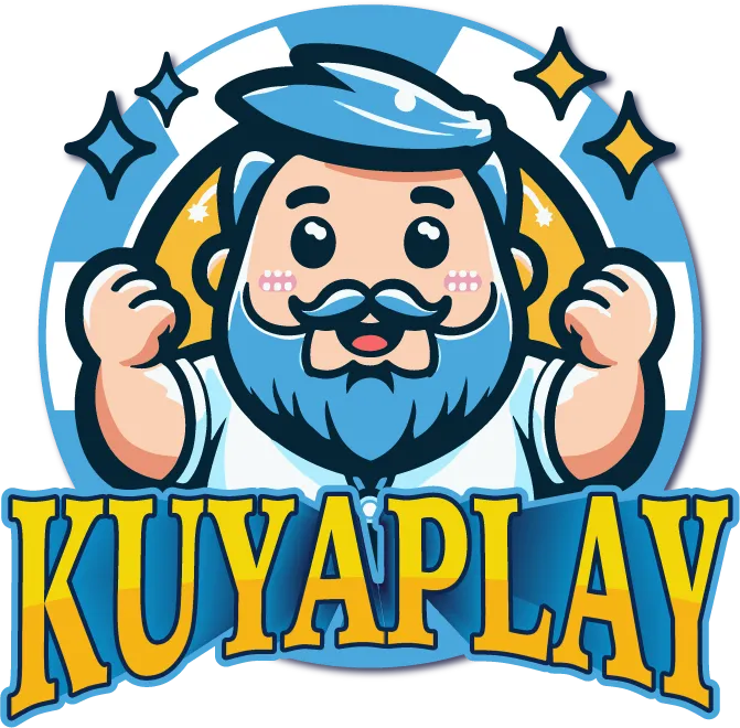 A vibrant KUYAPLAY logo featuring a cartoon mascot with a blue beard and cheerful expression, raising both fists in celebration, surrounded by sparkles, symbolizing excitement and reliability in a legit online casino experience.