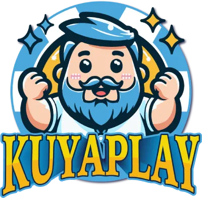 The KUYAPLAY logo featuring a cartoon mascot with blue hair and beard, raising his fists with sparkles around him, conveying a cheerful and trustworthy image for a legit online casino platform.