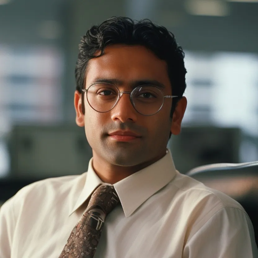 A young man in a cream shirt and patterned tie, wearing round glasses and seated confidently in an office environment, representing data-driven decision-making and integrity in legit online casino operations.